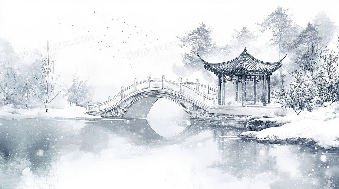 冬季下雪湖心亭桥背景