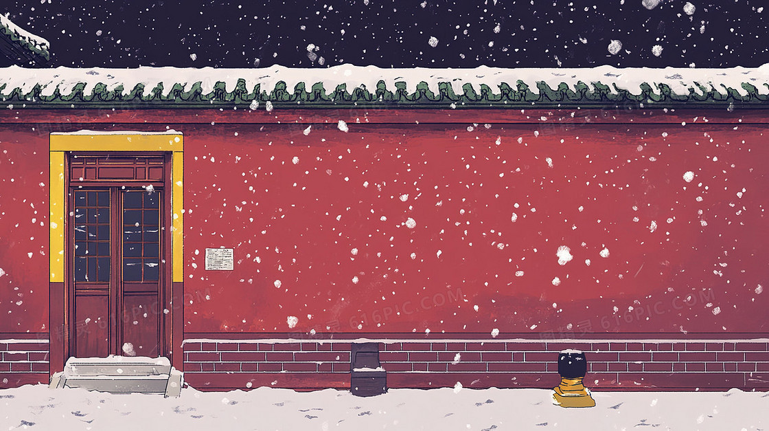冬日雪天红墙卡通背景
