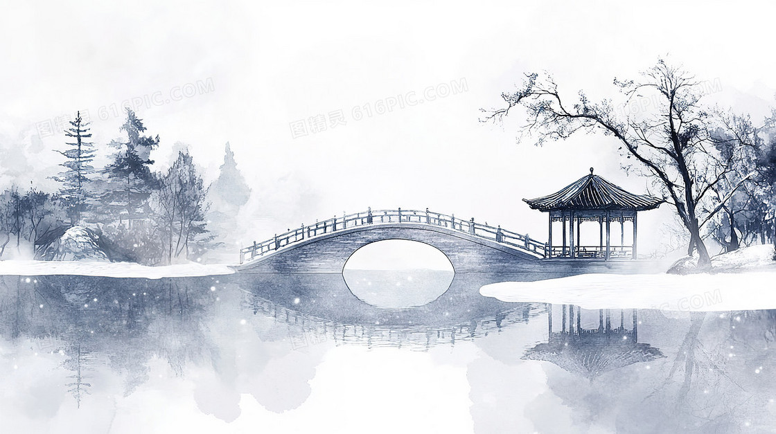 冬季下雪湖心亭桥背景