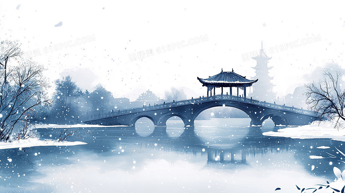 冬季下雪湖心亭桥背景