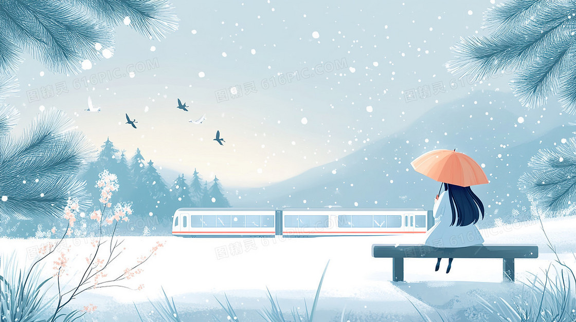冬季铁轨边上风景观雪女孩背影卡通背景