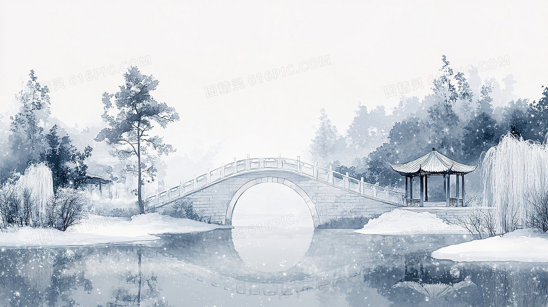 冬季下雪湖心亭桥背景