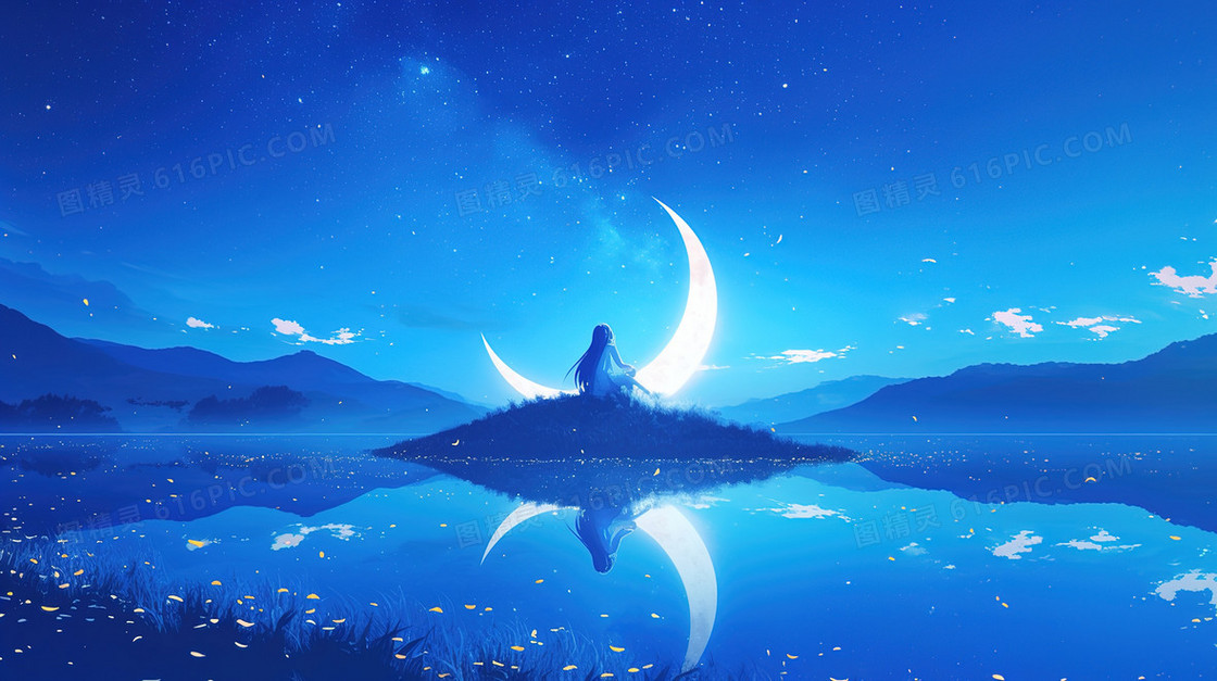 蓝色夜空坐月亮的女孩背景