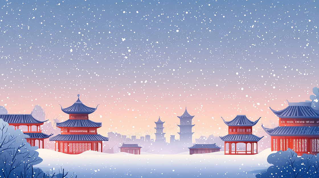 冬季飘落的雪花古建筑景色背景