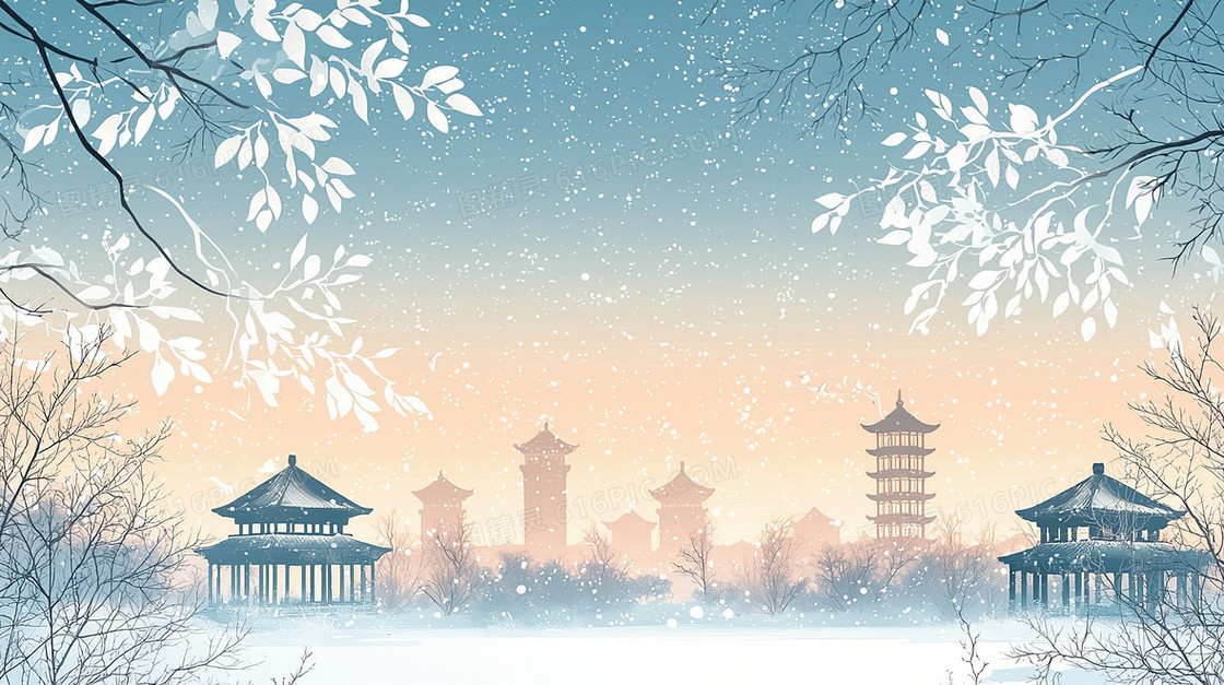 冬季飘落的雪花古建筑景色背景