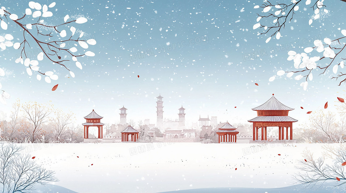 冬季飘落的雪花古建筑景色背景