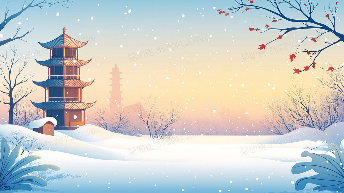 冬季飘落的雪花古建筑景色背景