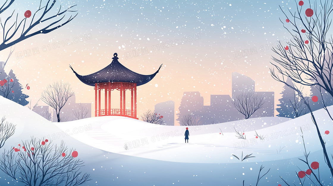 冬天雪地人物建筑背景