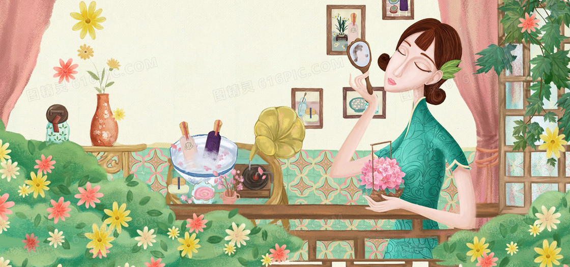 简约花瓣梦幻手绘彩色banner背景