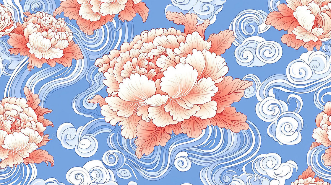 国风云锦纹牡丹花开富贵背景