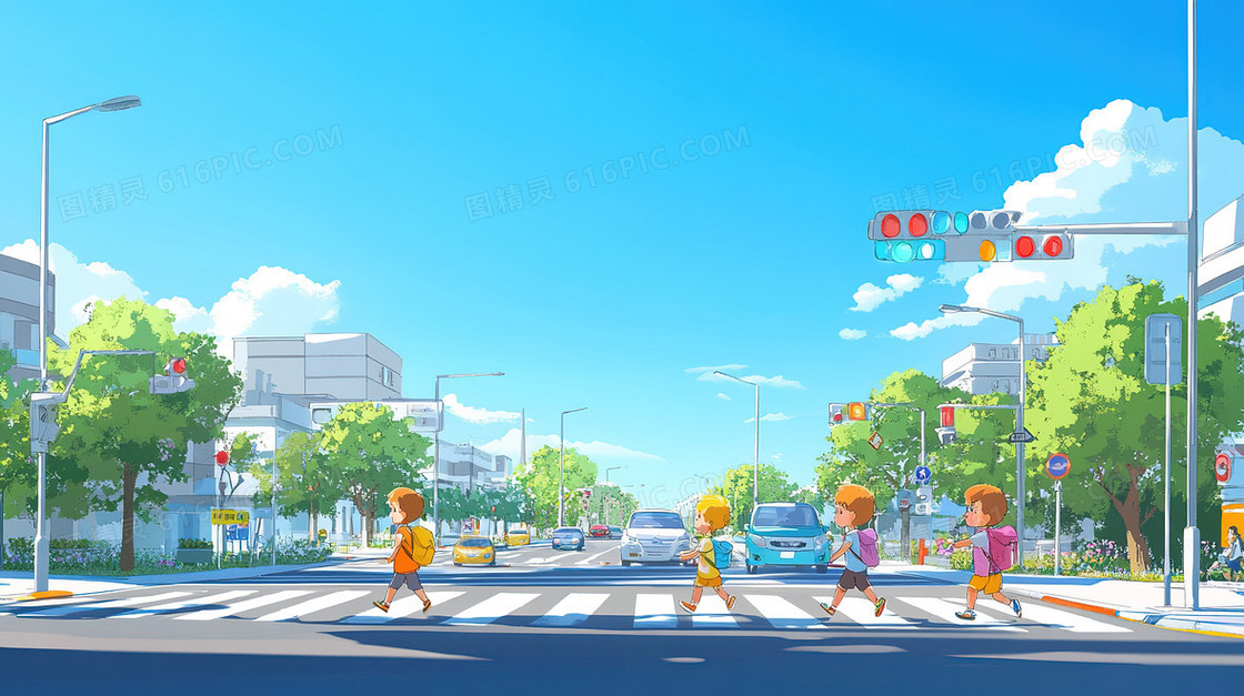 小学生过马路背景