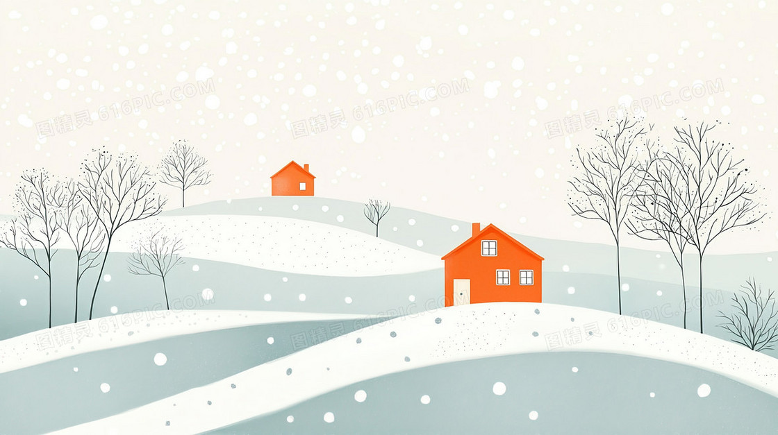 下雪的乡村房屋树木雪地背景