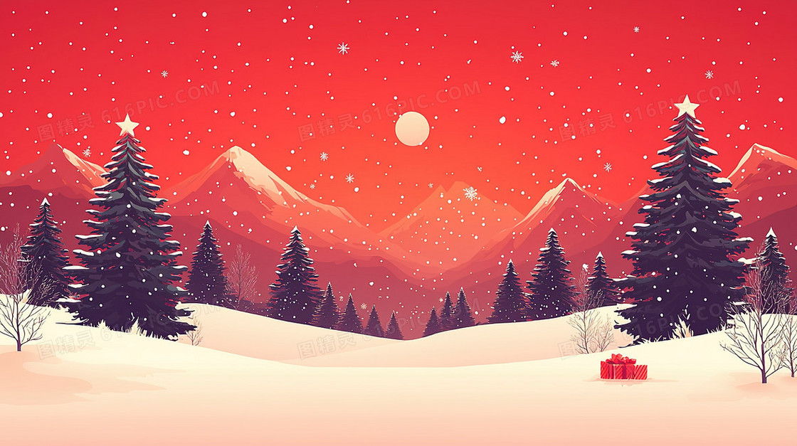 下雪的冬季雪地树木日出创意背景