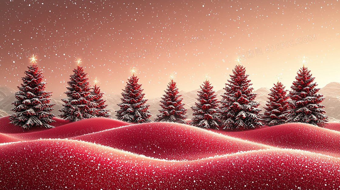 下雪的冬季雪地树木日出创意背景