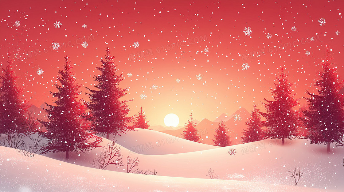 下雪的冬季雪地树木日出创意背景