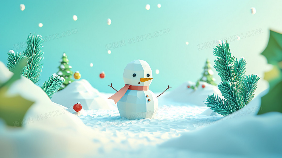 雪地几何圣诞雪人树木背景