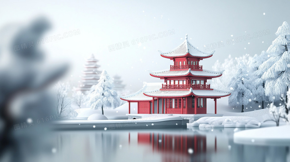 中国风建筑冬天唯美雪景雪地背景