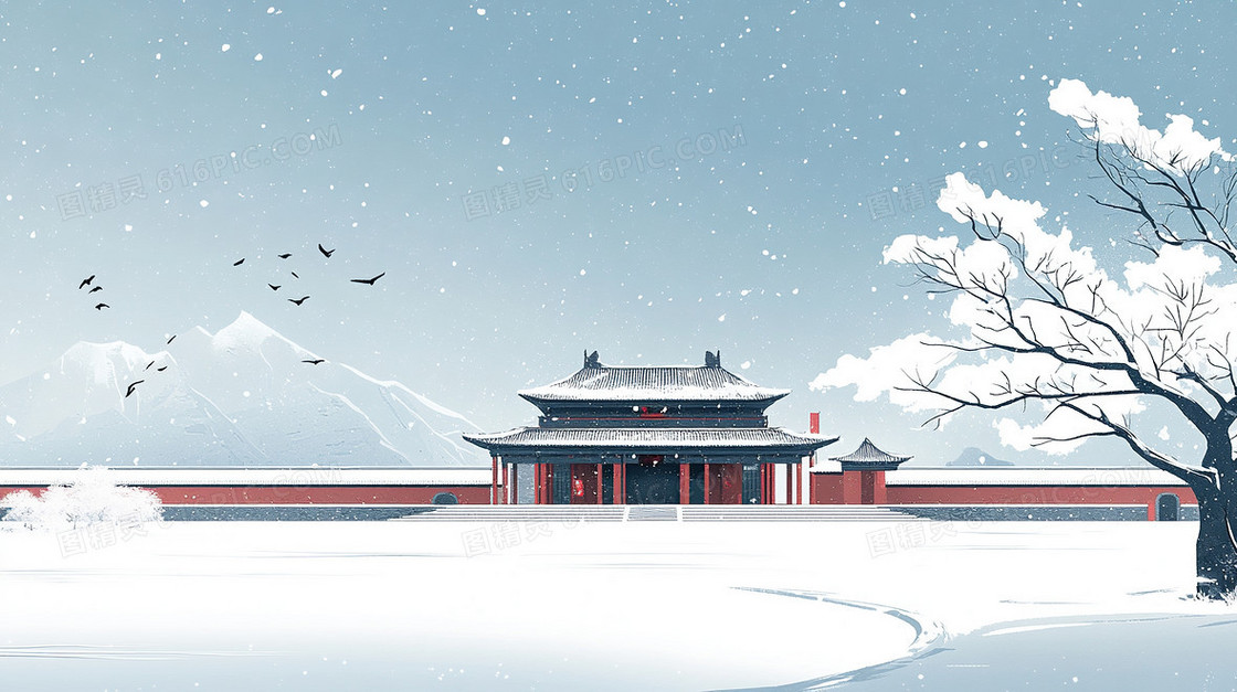 中国风房子冬天雪地景色唯美背景