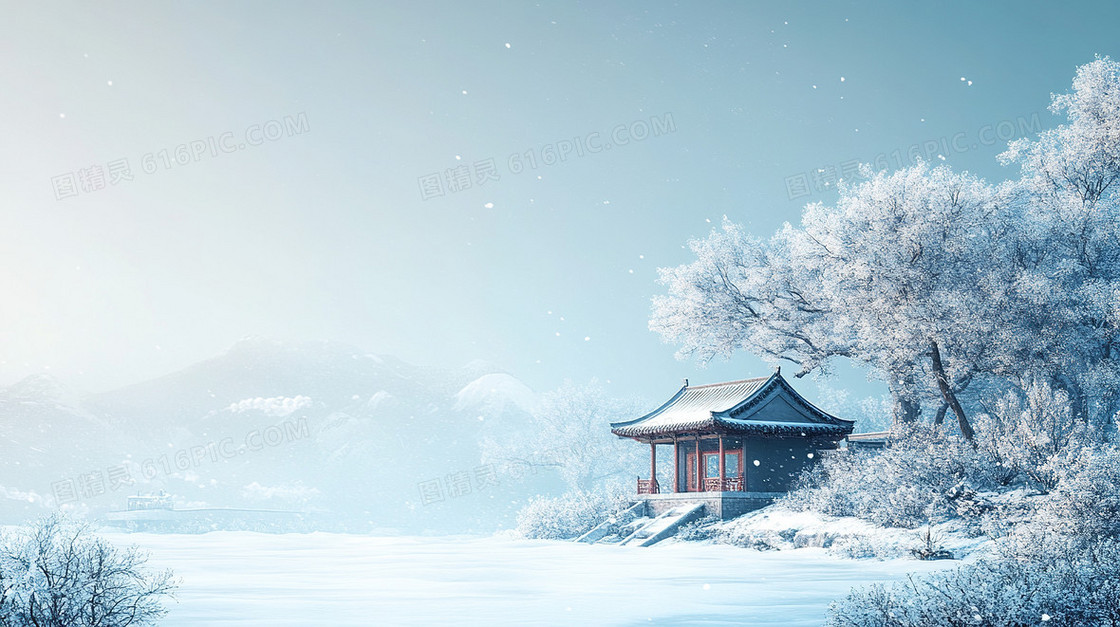 中国风建筑冬天唯美雪景雪地背景