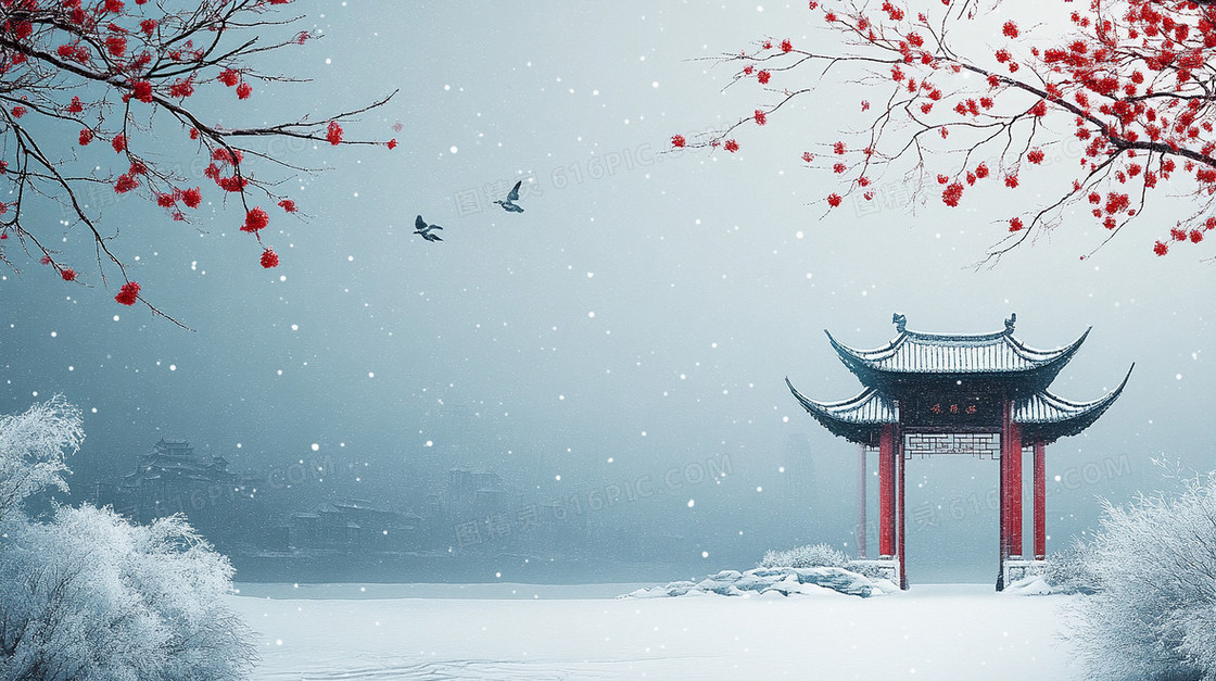 梅花中国风建筑冬天唯美雪景雪地背景