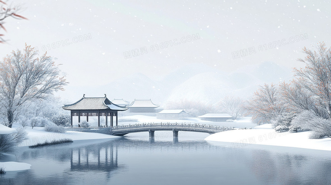 中国风建筑冬天唯美雪景雪地背景