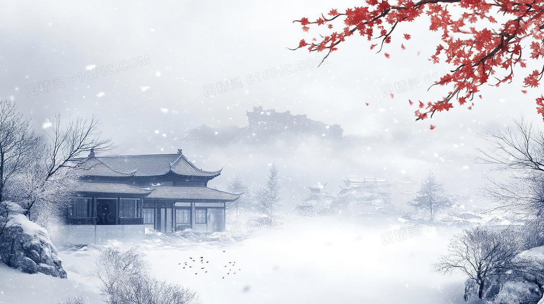 中国风梅花冬天雪地景色唯美背景