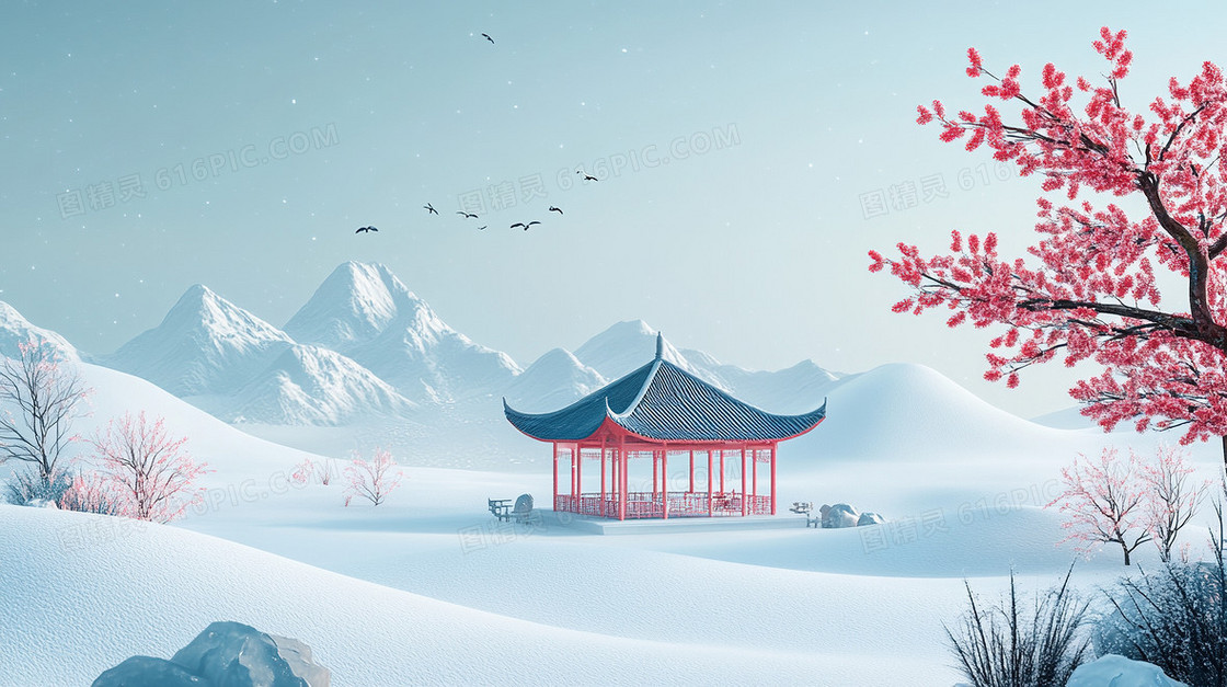 中国风建筑冬天唯美雪景雪地背景