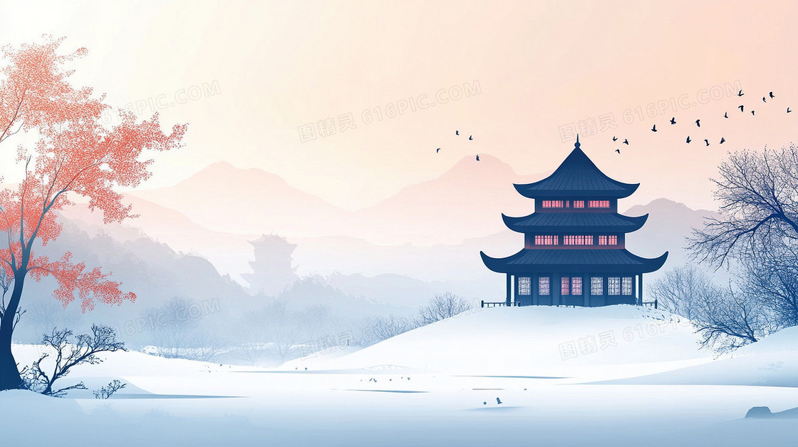 中国风梅花冬天雪地景色唯美背景