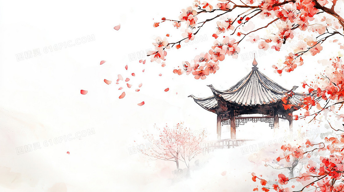 中国风古建筑植物花树背景