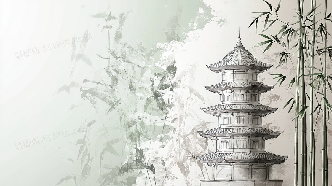 中国风古建筑植物竹子背景