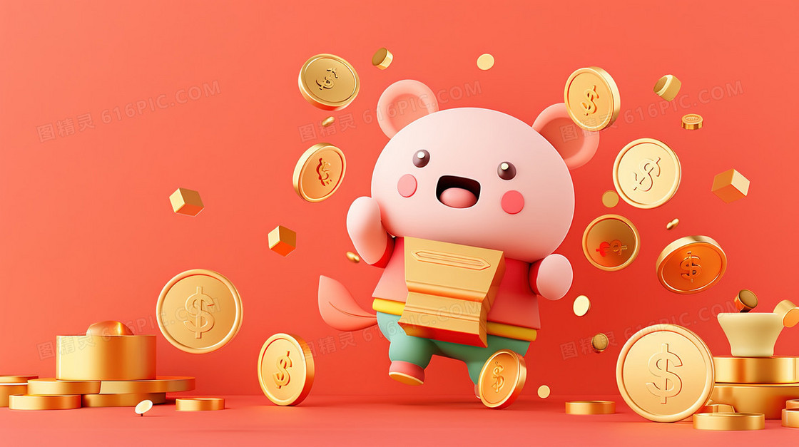 3D卡通可爱动物金币背景