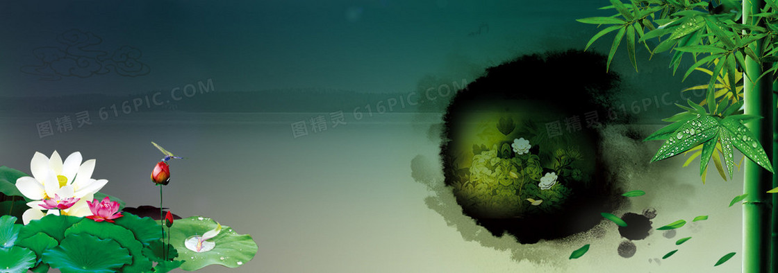 淘宝珠宝玉器中国风水墨荷花竹子背景banner