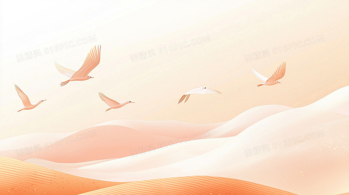 一群飞鸟空中飞翔云层卡通背景