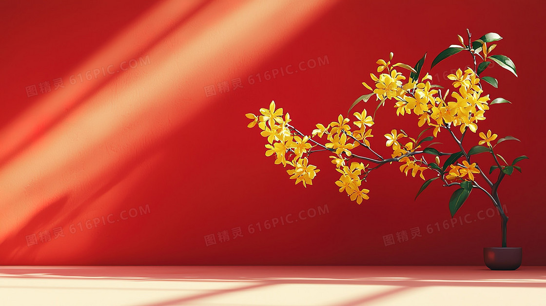 简约城墙植物桂花红色背景