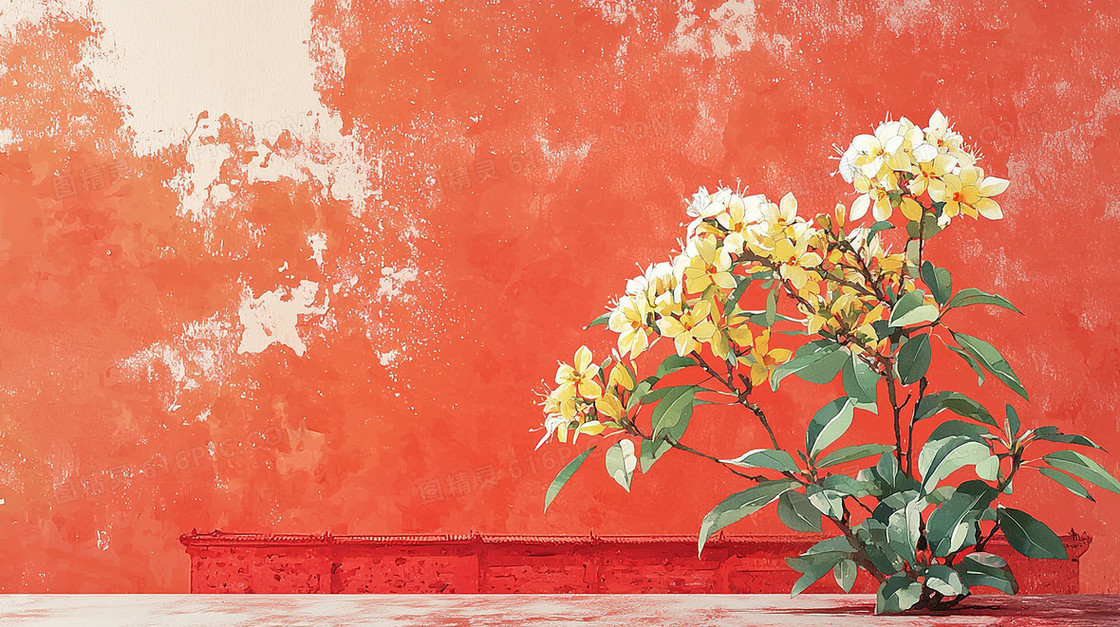 简约城墙植物桂花红色背景