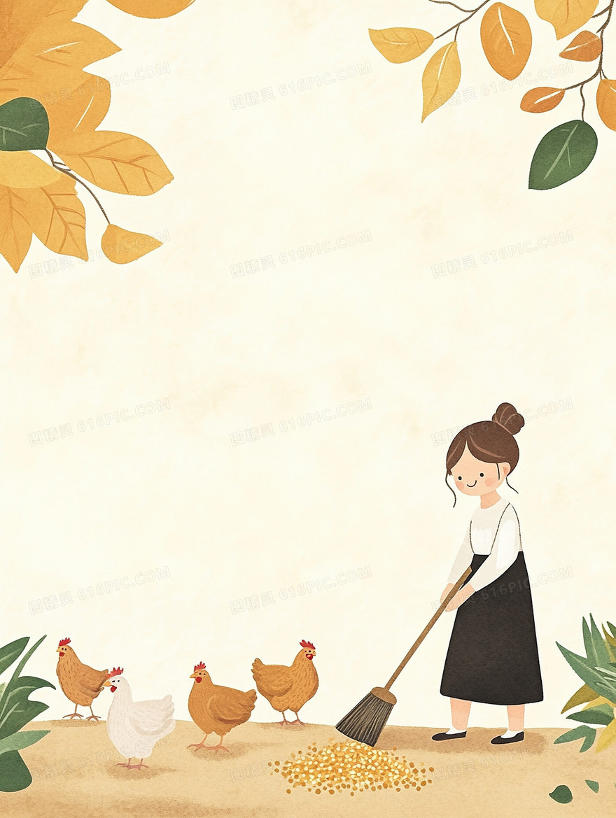 卡通小女孩喂鸡背景