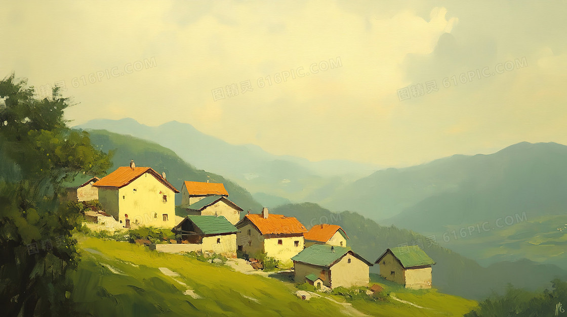 西方村庄油画背景
