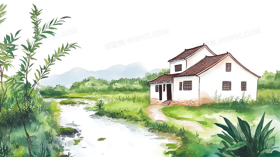 水彩乡村小屋背景