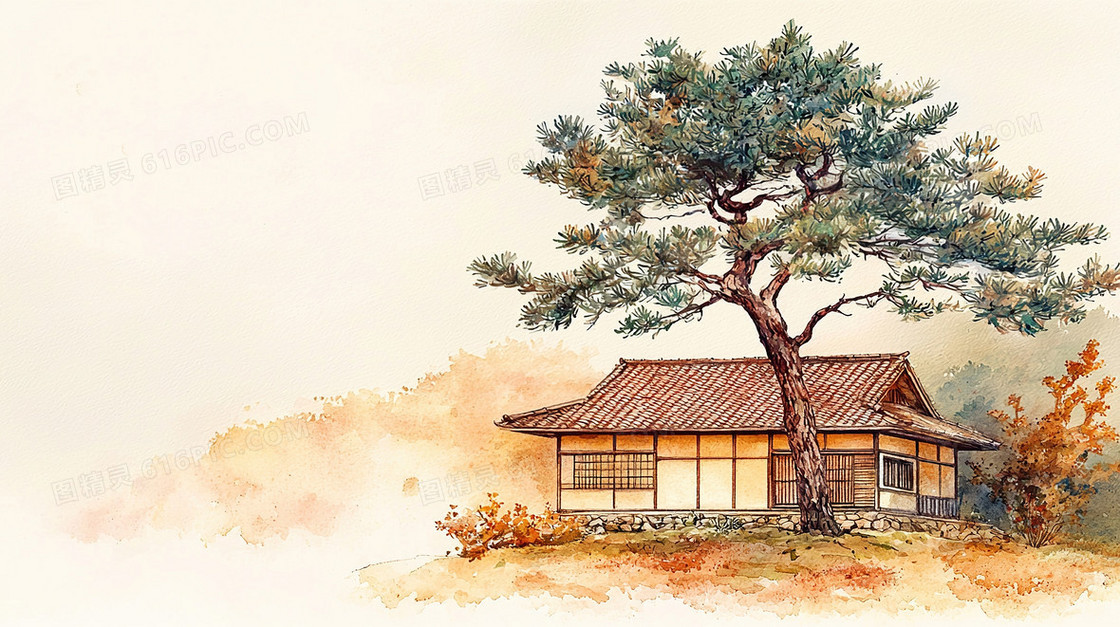 彩绘简约树下房屋背景
