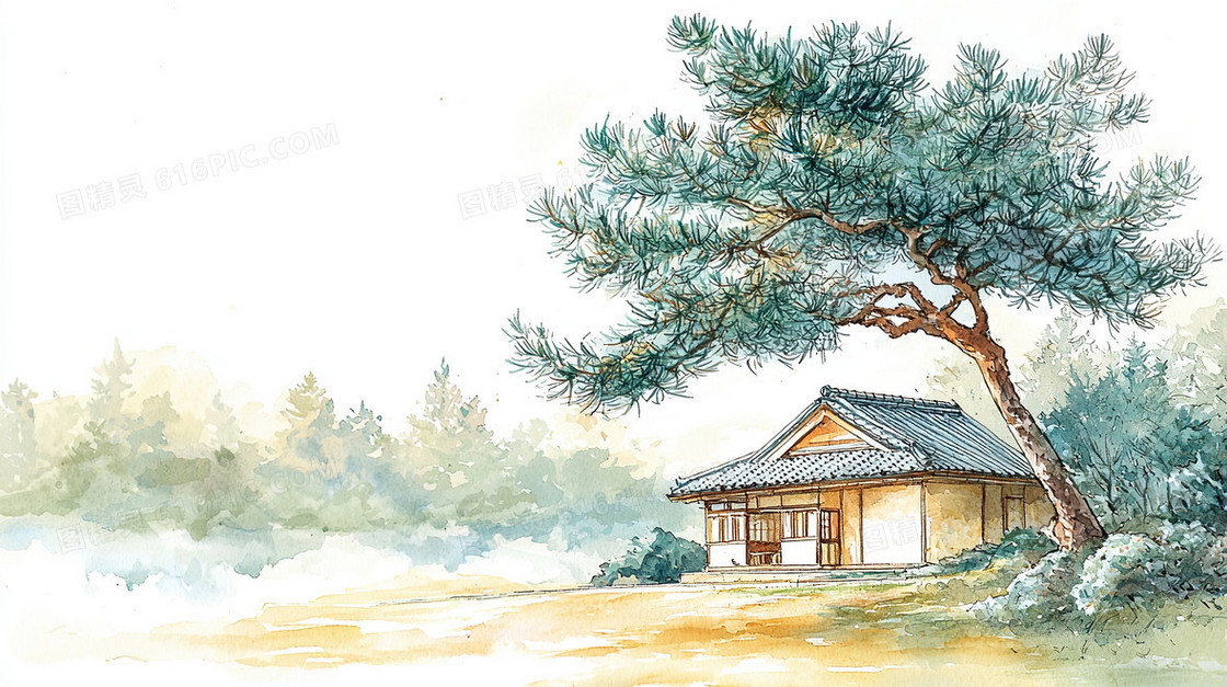 彩绘简约树下房屋背景