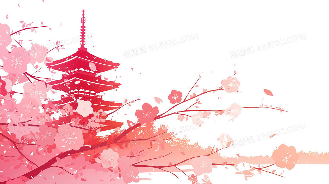 粉色樱花日式建筑创意背景