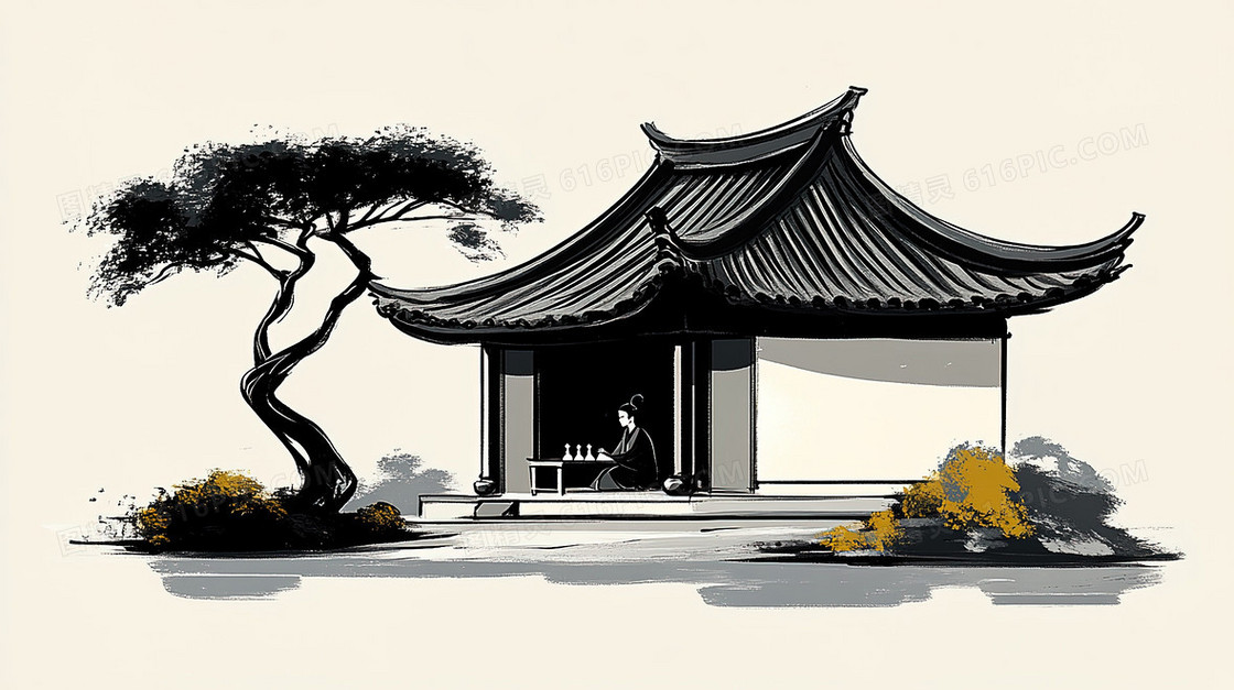 手绘风格农村小土房背景