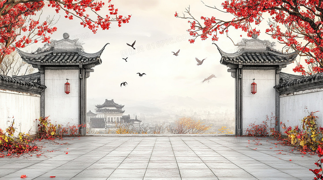 插画风格古代建筑背景