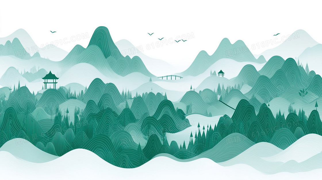 插画风格中国山水背景