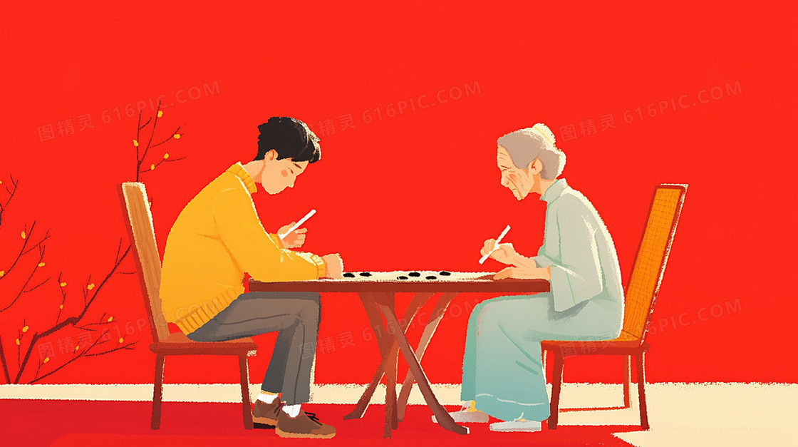 卡通孙子陪伴奶奶下棋背景