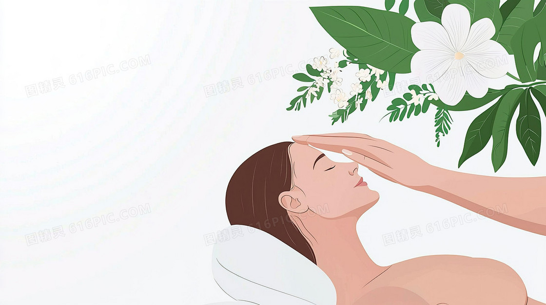 美容院保养护肤美女特写植物背景