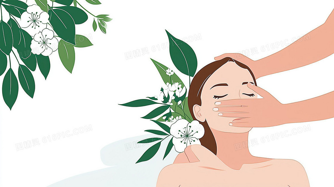 美容院保养护肤美女特写植物背景