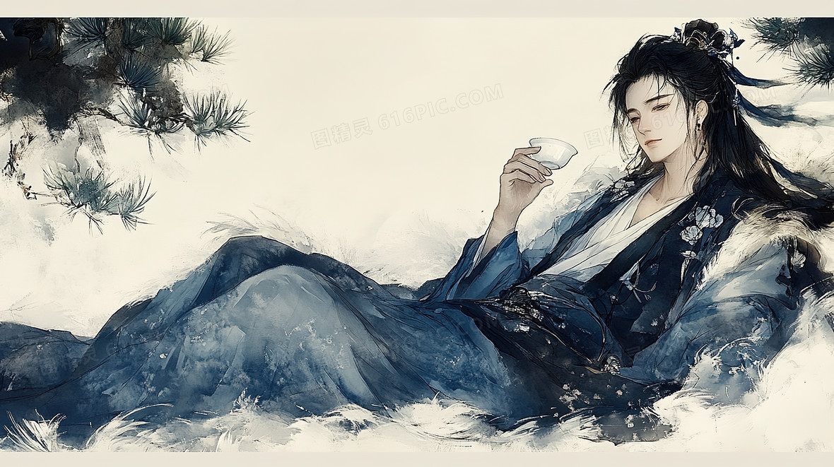 水墨风美男子喝茶背景背景图片下载_2912x1632像素JPG格式_编号