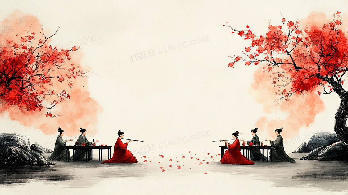 水墨风在花下作曲的古代文人背景