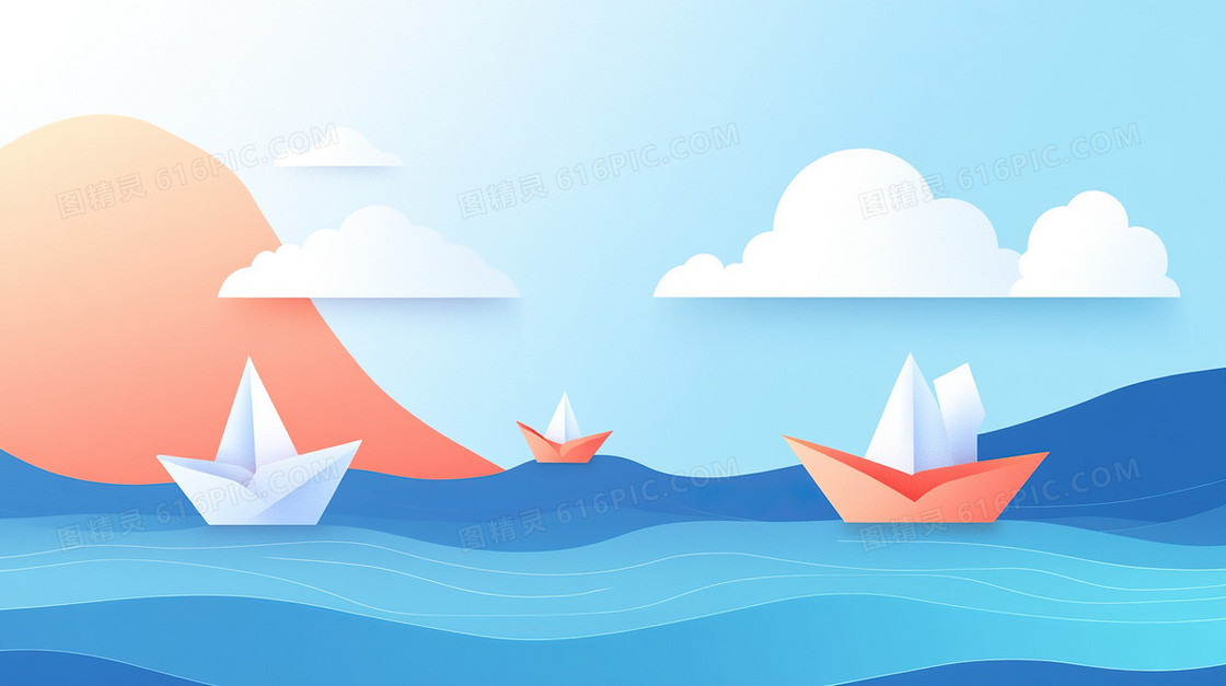 大海纸船剪纸风小清新文艺背景